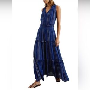 Rails Loulou Blue White Noja Stripe Smocked Tiered Maxi Dress Linen Size M